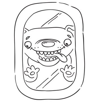 A Happy Dog, Looking Through The Airplane Window Tongue Out. Isolated Vector Illustration.