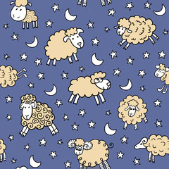 Seamless pattern with sheep in night. Can be used for textile, website background, book cover, packaging.