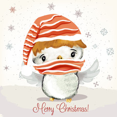 Christmas or New Year illustration with cute baby bird and snowflakes