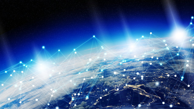 Connections system and datas exchanges on planet Earth 3D rendering