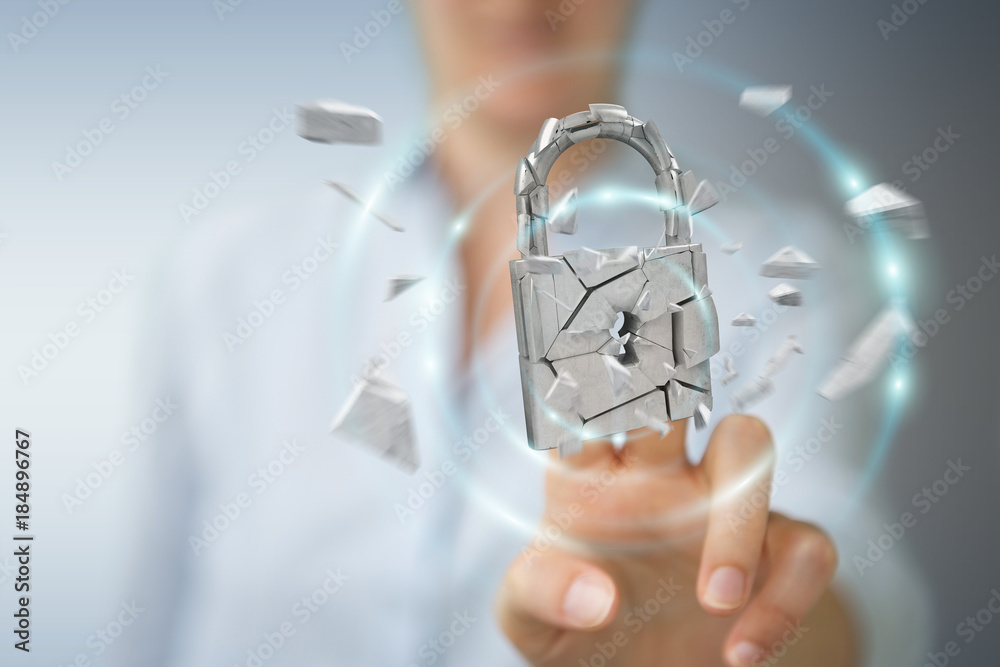 Aufkleber businesswoman hacking in broken padlock security 3d rendering