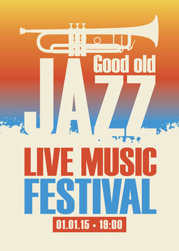 Vector poster for a jazz festival live music with a picture of a trumpet on abstract background with the colors of the sunset