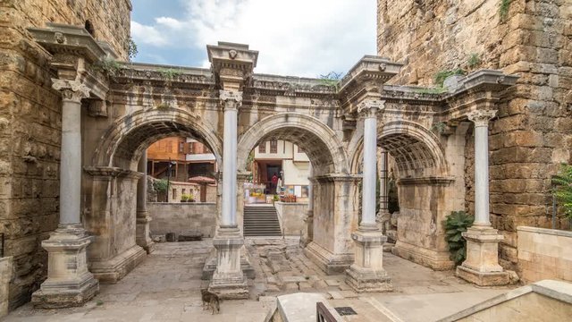 View of Hadrian's Gate in old city of Antalya timelapse hyperlapse, Turkey