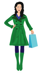 Woman in green coat holding a shopping bag, vector