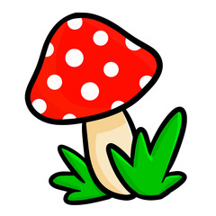 Funny and cute red mushroom with bush around it - vector.