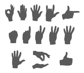 hands in different gestures silhouettes vector illustration set