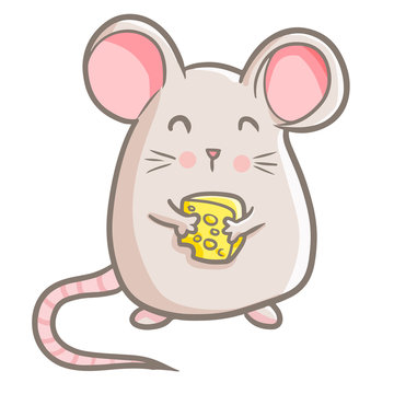 Funny and cute mouse standing and holding a cheese - vector.