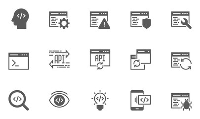Set of Software Development, Programming and Coding Icons. Contains such Icons Mobile Application, API and more. Editable Stroke. 48x48 Pixel Perfect.