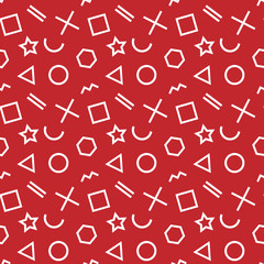 Stylish seamless pattern of simple white geometric shapes on red background. Modern abstract vector background.