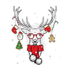 Obraz premium Christmas deer with cookies decorated with biscuits. Vector illustration. New Year's and Christmas. An animal in a scarf and glasses.