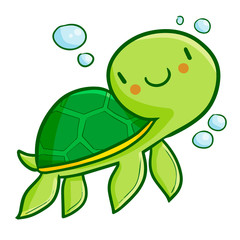 Funny and cute green turtle swimming around bubble - vector.