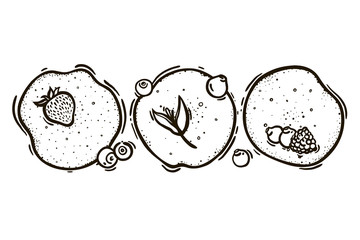 Set of three pancakes with strawberries, blueberries, blackberries, raspberries. Culinary baking. Vector illustration.