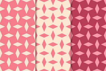 Cherry red geometric ornaments. Set of seamless patterns