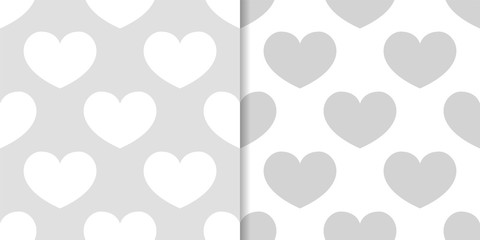 Gray and white hearts as seamless patterns. Set of romantic backgrounds