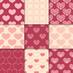 Collection of heart symbol as seamless pattern. Romantic red and beige backgrounds for paper and textile