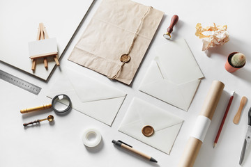 Hand made objects for placing your design. Blank art and craft stationery template on white paper...