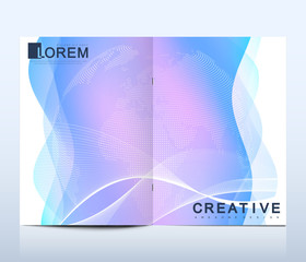 Modern vector template for brochure Leaflet, flyer advert cover catalog magazine or annual report. Business, science design. Scientific cybernetic dotted world map. Lines plexus. Card surface.