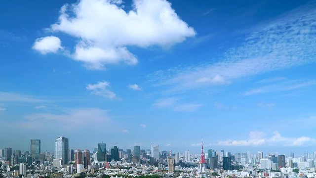 東京風景　タイムラプス　青い空と白い雲　4k