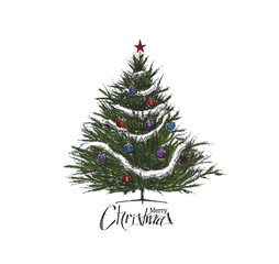 Naklejka na ściany i meble Christmas tree sketch on white background, vector illustration.