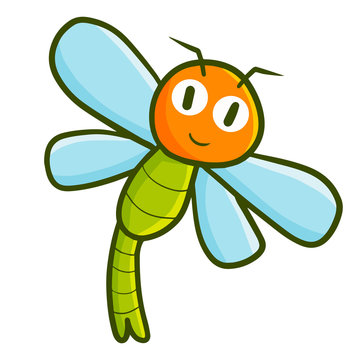 Cute and funny dragonfly flying and smiling - vector.