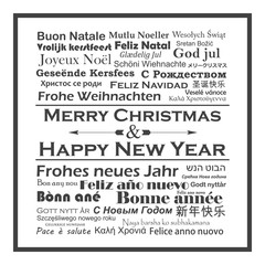 Merry Christmas and Happy New Year in different languages - isolated on white background, vector