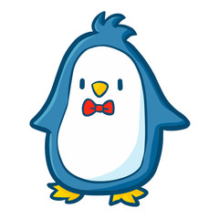 Funny and cute blue penguin with red butterfly tie - vector.