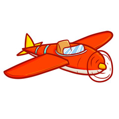 Cute and cool funny red vintage plane flying - vector.
