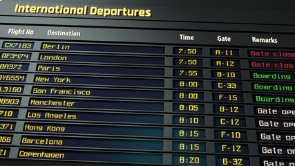 Airport timetable, departure flight information updating, international flights