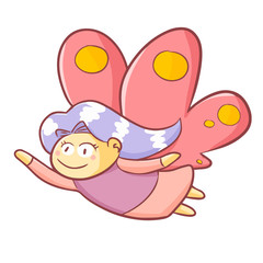 Funny and cute beautiful little girl flying with butterfly wings - vector.