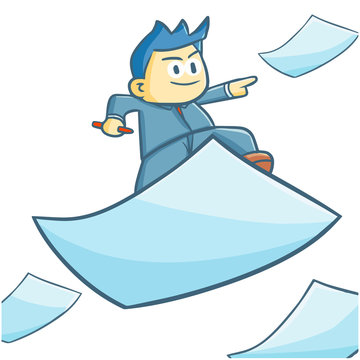 Cool and cute businessman flying with document paper - vector.