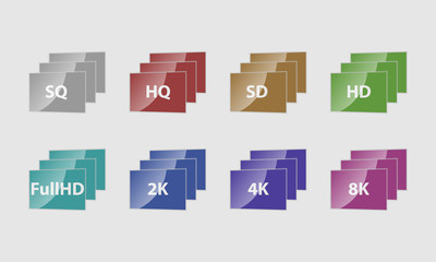 Multicolored video quality icons. Vector video resolution icons.