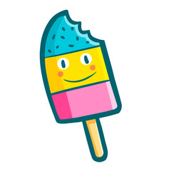 Funny and cute blue yellow pink ice cream smiling - vector.