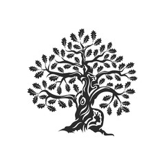 Huge and sacred oak tree silhouette logo badge isolated on white background.