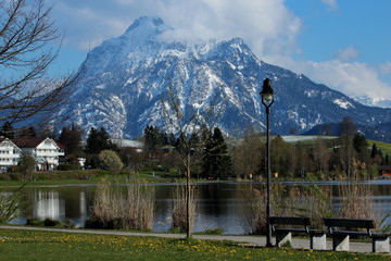 Hopfensee im Allg&auml;u mit verschneitem S&auml;uling