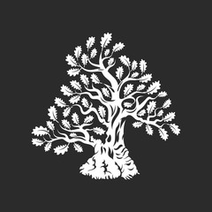 Huge and sacred oak tree silhouette logo badge isolated on dark background