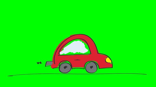 Animation of red car, animated hand drawn cartoon illustration, loop able, on chroma key green screen background.
