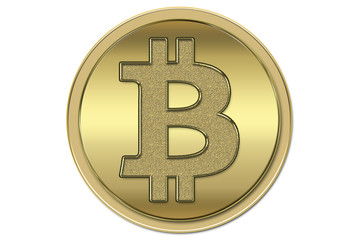 Bitcoin dorado sobre fondo blanco.