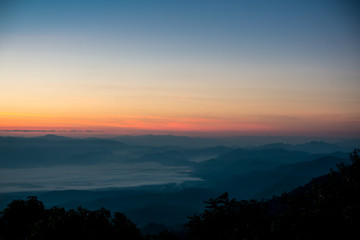 Mountain scenery in sunrise. Photo taken from Doi Ang Khang, Chiang Mai, Thailand