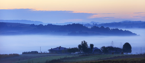 Fields and meadows under early morning fog - Podkarpacie region, Lesser Poland province, Poland, near cities of Rzeszow and Krosno - obrazy, fototapety, plakaty