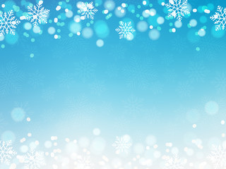 Fototapeta na wymiar Illustration of Christmas background with blue and white snowflakes and bokeh