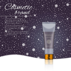 Vector 3D cosmetic illustration on a winter snowing background. Beauty realistic cosmetic product design template.