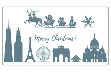 Santa Claus in sleigh flying over buildings.