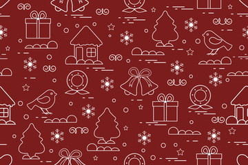 Winter seamless pattern with variety Christmas elements: christmas tree, gift, christmas wreath, bells and other.