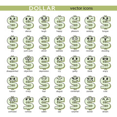 Dollar sign with face, icon set of funny cartoon characters - happy, smile, love. Cute emoticon; smiley on money topic.