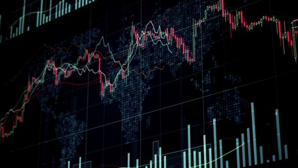 Binary options data on screen, asset values rising and falling, global trade