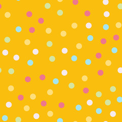 Colorful polka dots seamless pattern on bright 4 background. Graceful classic colorful polka dots textile pattern. Seamless scattered confetti fall chaotic decor. Abstract vector illustration.