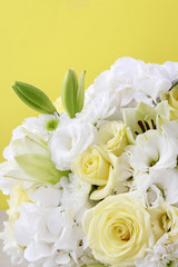 Luxurious floral arrangement with lilies, roses, eustoma, chrysanthemum and hortensia flower.