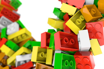 Pile of colored toy bricks isolated on white background. 3D illustration