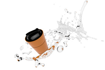 3d rendering of orange shaker into splashes on white background. Fitness accessories. Kitchenware. Healthy eating.