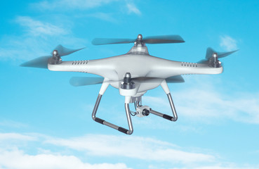 white drone hovering in a bright blue sky. 3d illustration